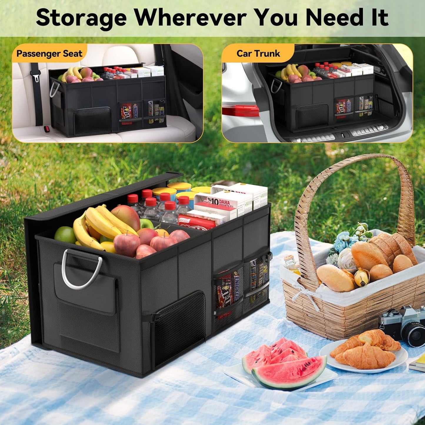 CLESOO Car Trunk Organizer Basket with Lid - Collapsible Multi Compartment Vehicle Organizer - Multiple Pockets, Multi-purpose Travel Accessory - Anti-slip Leak-proof Fits any Car, SUV, Minivan