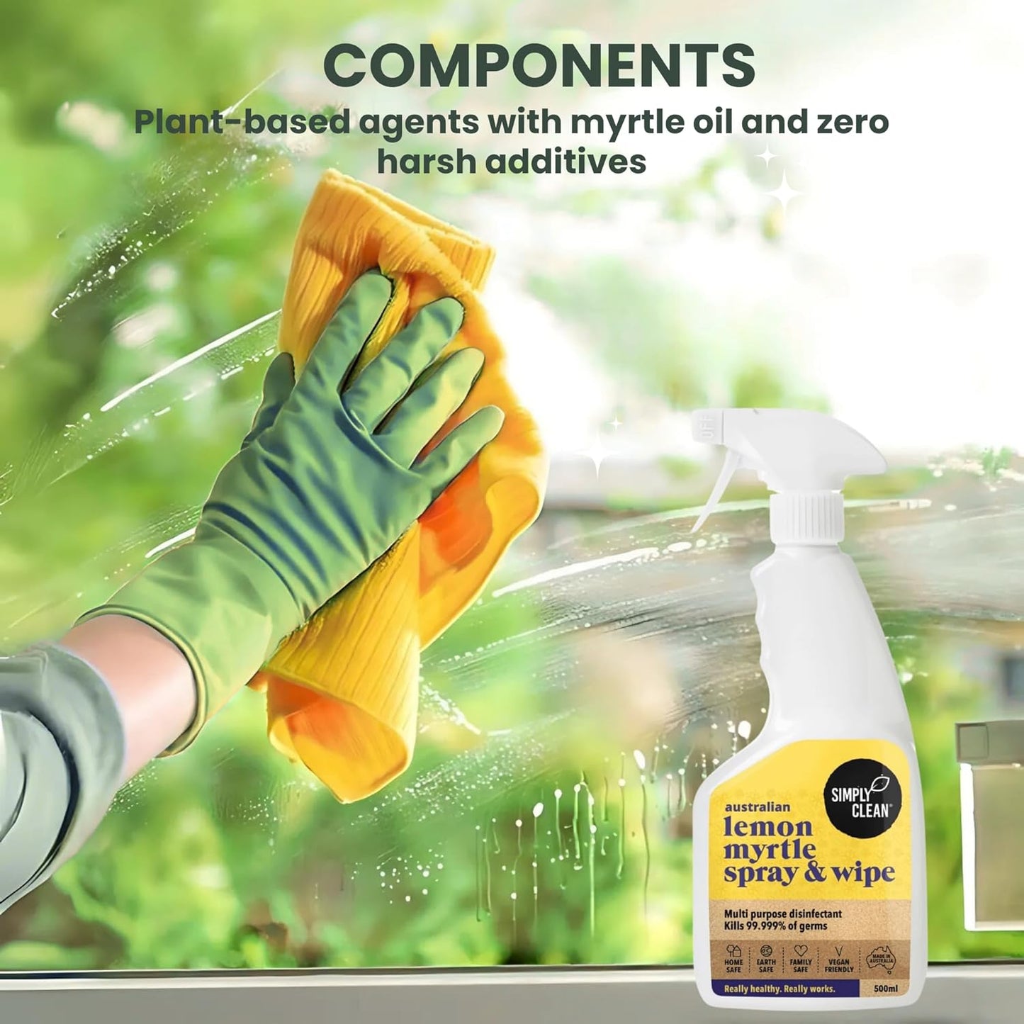 SimplyClean Lemon Myrtle Spray & Wipe - Natural Multi-Purpose Cleaner with Australian Lemon Myrtle Essential Oil - Kitchen and Bathroom Surface Cleaner - Ammonia Free - All Purpose Spray - 500ml