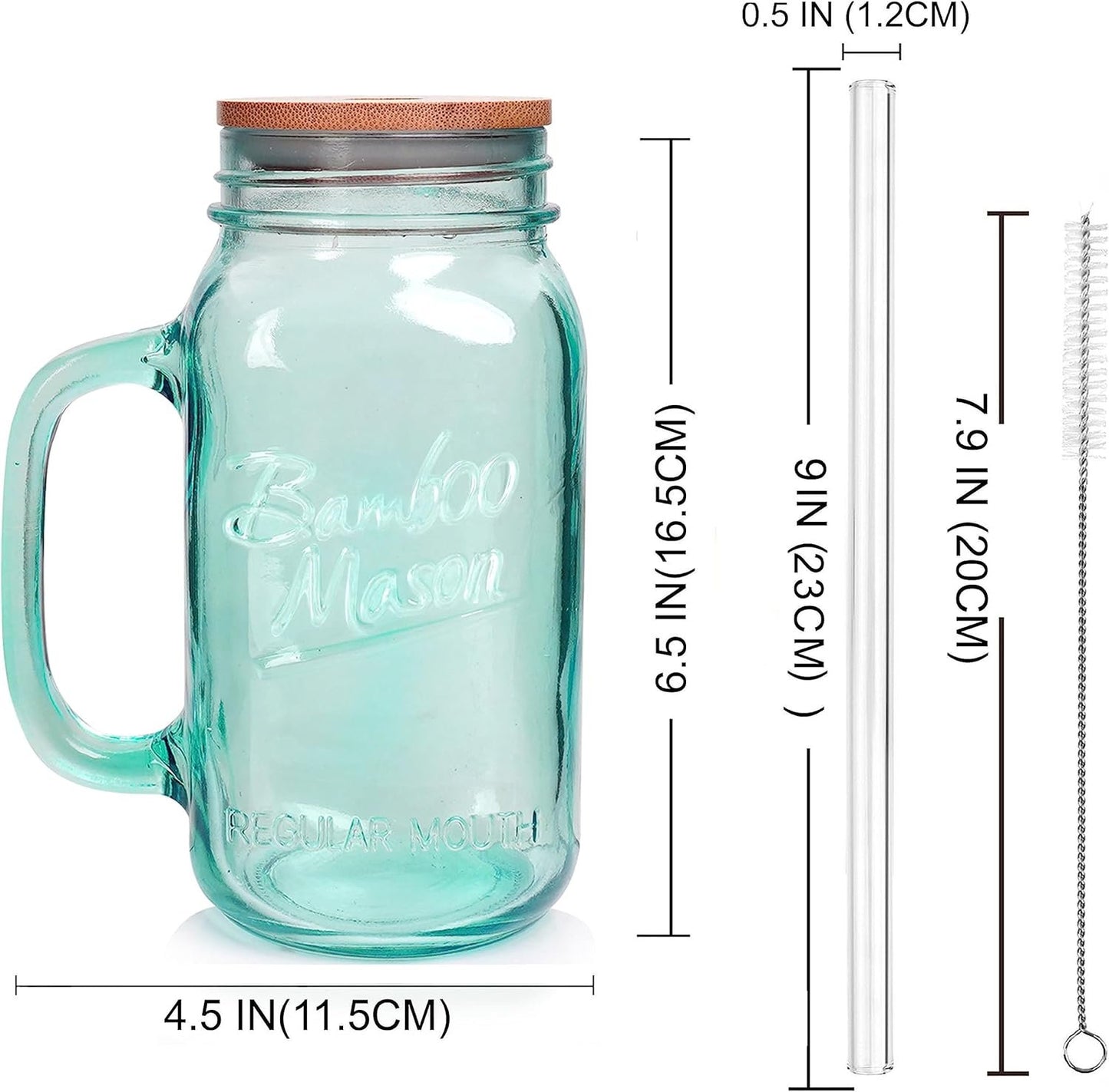 ANOTION Mason Jar with Handle - Colorful Drinking Glasses Colored Glass Cups with Lids and Straws Colored Glasses Drinking Set of 2 Mason Jars Iced Coffee Cups Tumblers Smoothie Water Bottles
