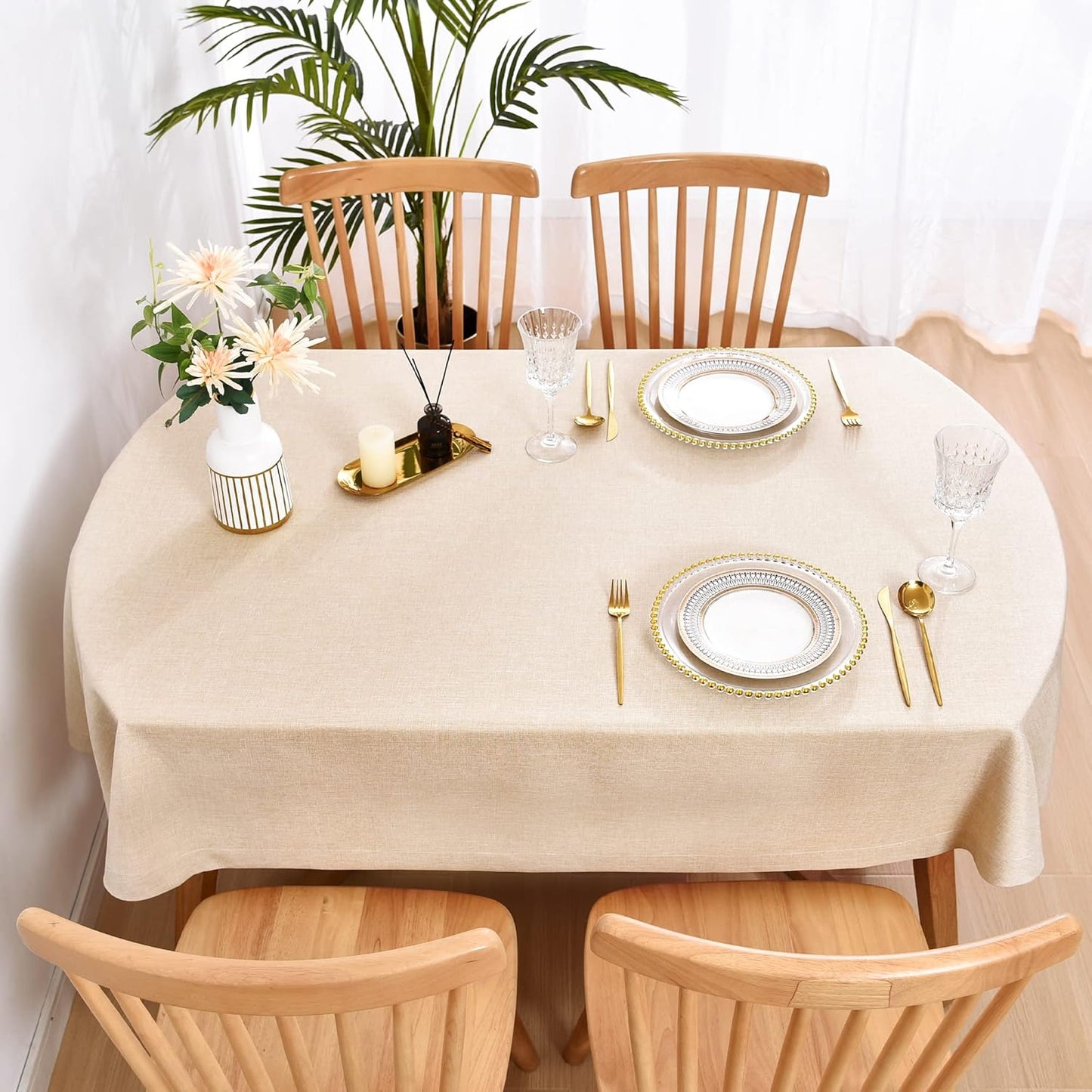 Wolkemer Faux Linen Oval Tablecloth Heavy Duty Wrinkle Resistant Fabric Table Cloths 60 x 102 Inch Beige Farmhouse Rustic Table Cover for Kitchen Dining Indoor Outdoor Tabletop Decoration