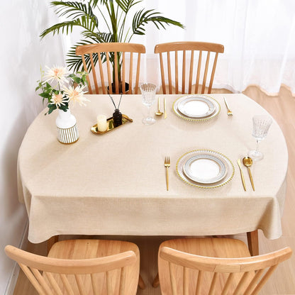 Wolkemer Faux Linen Oval Tablecloth Heavy Duty Wrinkle Resistant Fabric Table Cloths 60 x 102 Inch Beige Farmhouse Rustic Table Cover for Kitchen Dining Indoor Outdoor Tabletop Decoration