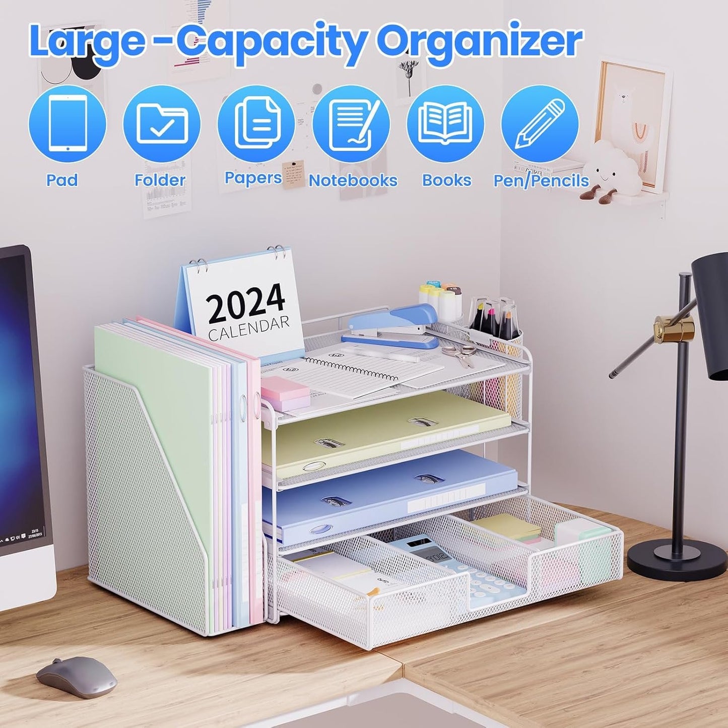 OPNICE Desk Organizers and Accessories, 4 Tier Tray Letter Paper Organizer with Vertical File Folder Holder Organizer, Desktop Organization and Desk Accessories for Office Suppliesï¼ˆWhiteï¼‰