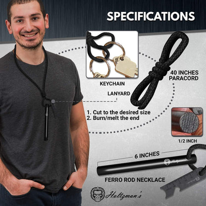 Holtzman's Gorilla Survival Holtzman's Ferro Rod | Fire Starter Heavy Duty 6-Inch x 1/2" Ferrocerium Rod Fire Starter Kit - Survival Magnesium Flint and Steel Set with Paracord & Scraper - Lightweight Emergency Camping Tool