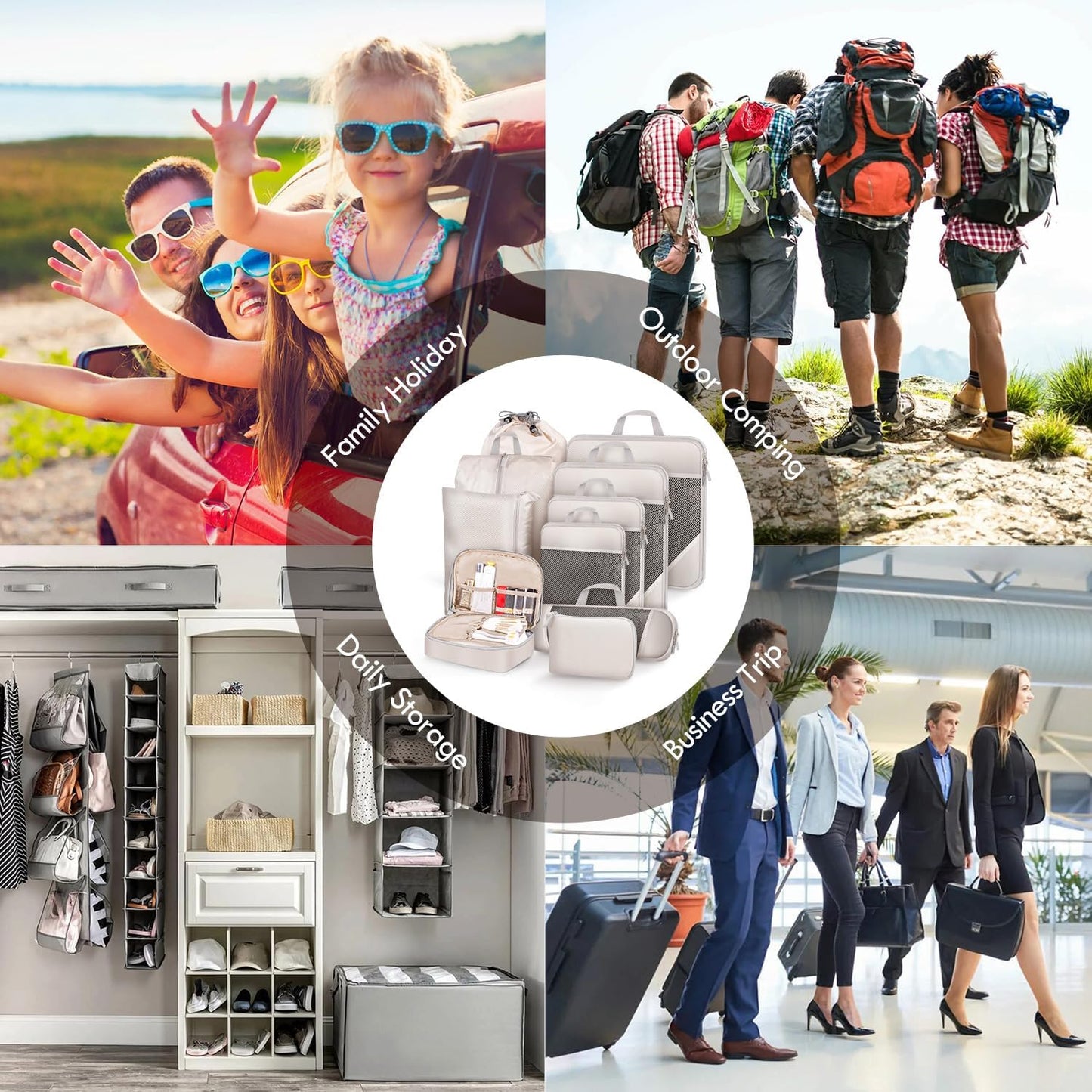 MUUKAIII Luggage Organizer Set of 9 Cubes for Travel, Compression Organizer Suitcase, Space-Saving Suitcase, Travel Organizers, Packing Cubes Set, Travel Organizer for Clothes, Ultralight, Beige