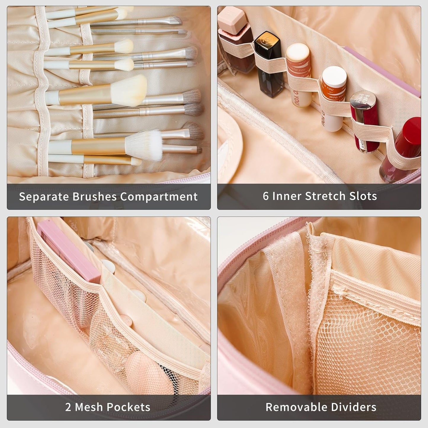 Onilife Double Layer Travel Makeup Bag, Portable Cute Cosmetic Bag Large Make Up Organizer Case Toiletry Bag for Women Girls with Handle and Removable Divider, Pink