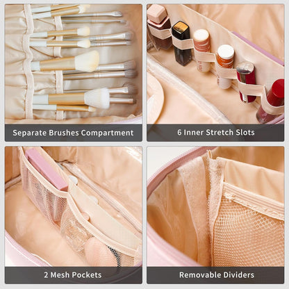 Onilife Double Layer Travel Makeup Bag, Portable Cute Cosmetic Bag Large Make Up Organizer Case Toiletry Bag for Women Girls with Handle and Removable Divider, Pink