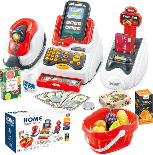 Pretend Play Cash Register Toy Role Play Shopping Cashier Playset with Scanner Card Machine Toy Foods Fruits 33pcs Set Funtional Checkout Game Educational Toy for Kids Birthday