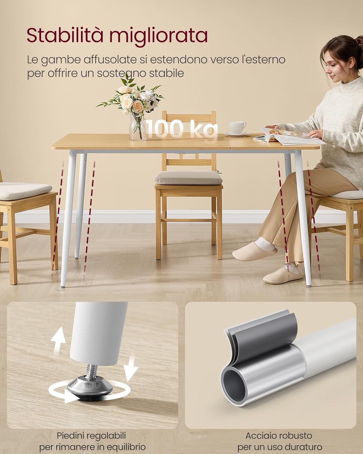 VASAGLE Dining Table, Kitchen Table, for 4-6 People, Modern Farmhouse, Heat Resistant Surface, Quick Assembly, 75 x 140 x 75 cm, Golden Oak and Cloud White KDT100N01