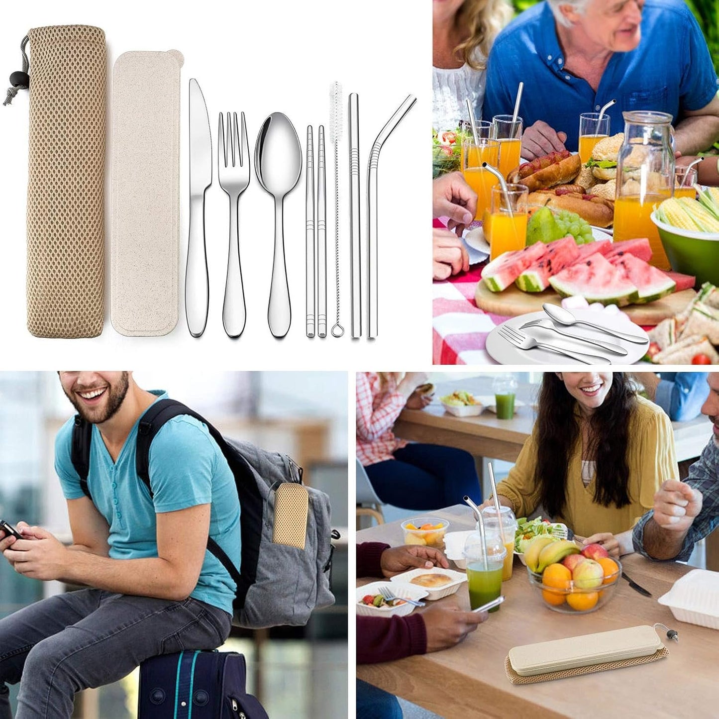 LIANYU 9-Piece Travel Utensils Silverware Set, Stainless Steel Knife Fork Spoon, Chopsticks, Metal Straws, Cleaning Brush, Wheat Case and Bag