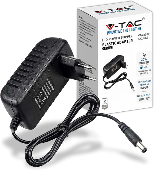 V-TAC Power Supply 12 V 30 W 2.5 A for Cameras, LED Strips, Modem – Transformer Adapter 12 V with Home Current Plug for Screens and Electronic Equipment – Input AC 100-240 V 50/60 Hz, Black