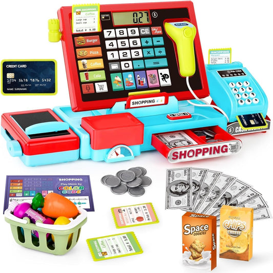 JoyGrow Cash Register Toys for Kids Pretend Play Store Supermarket Cash Register with Real Calculator,Scanner,Food,Microphone, Educational Learning Toy Playset Gift for Toddler Boy Girl (Blue)