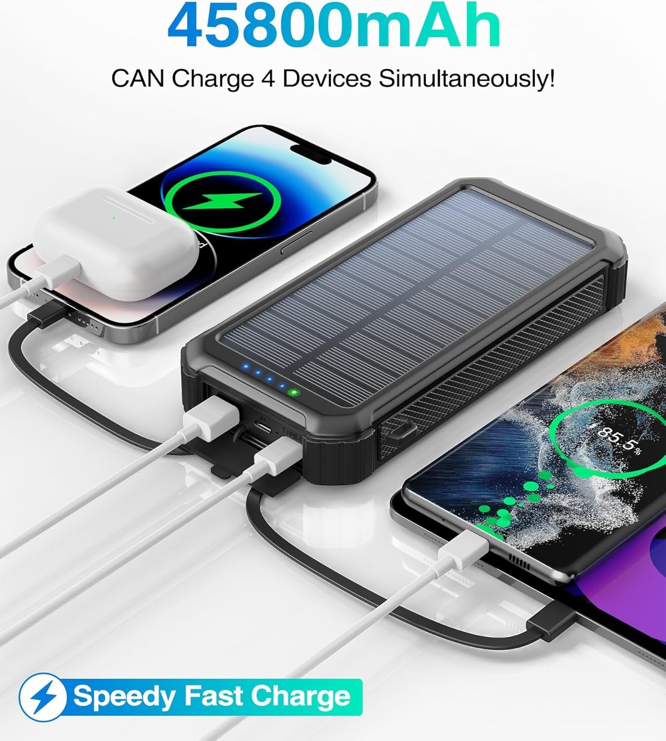 LATIMERIA Solar Charger Power Bank, Portable Phone Charger with USB C in/Output, 5V3.1A QC 3.0 Fast Charging for Cellphone, External Battery Pack Compatible with iPhone Samsung Google etc