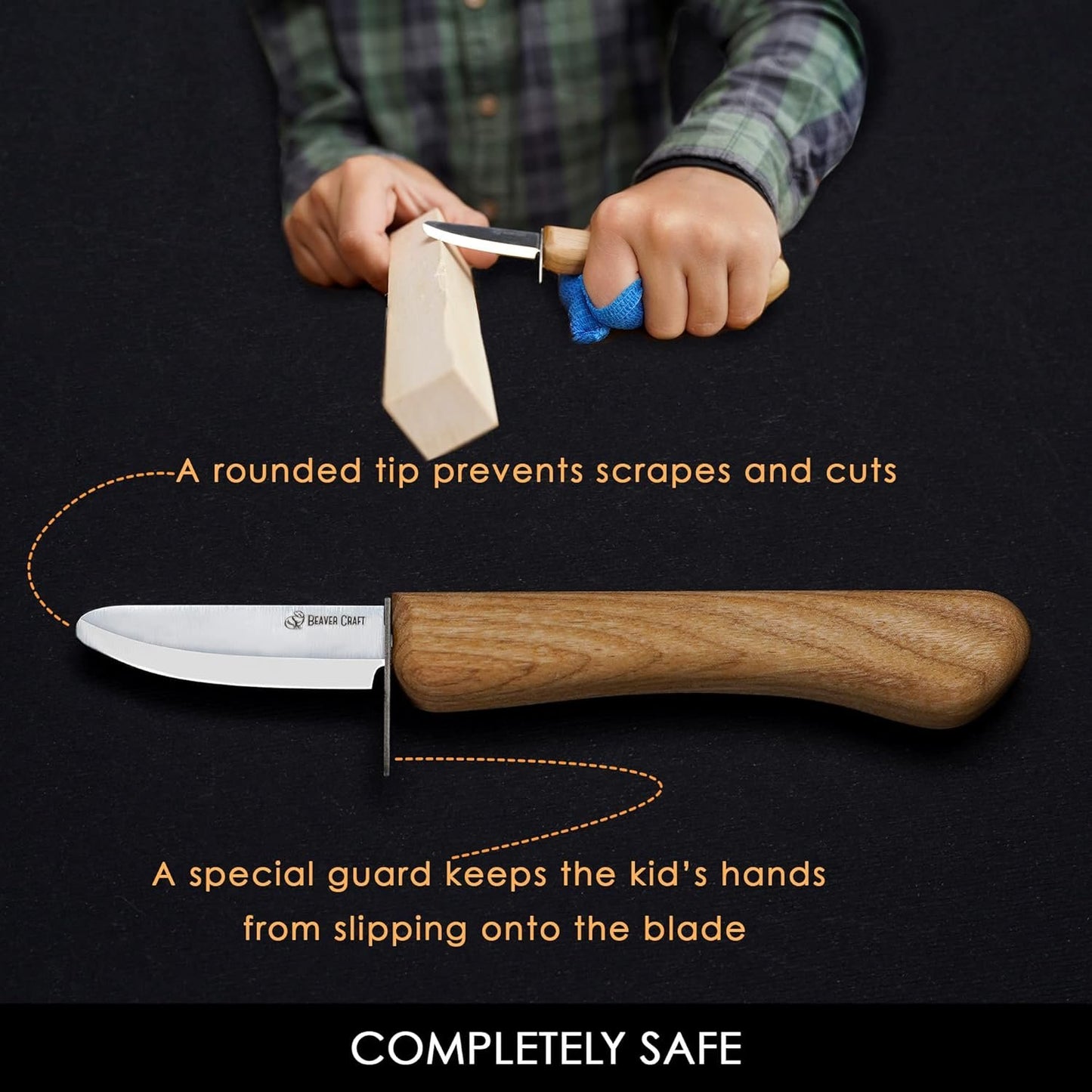 BeaverCraft Whittling Knife for Kids, Beginners - Safety Wood Carving Knife C1 Kid - Whittling Knives with Rounded Tip for Children, Entry-Level Carvers - Wood Carving Tools for Beginners, Boy Scout