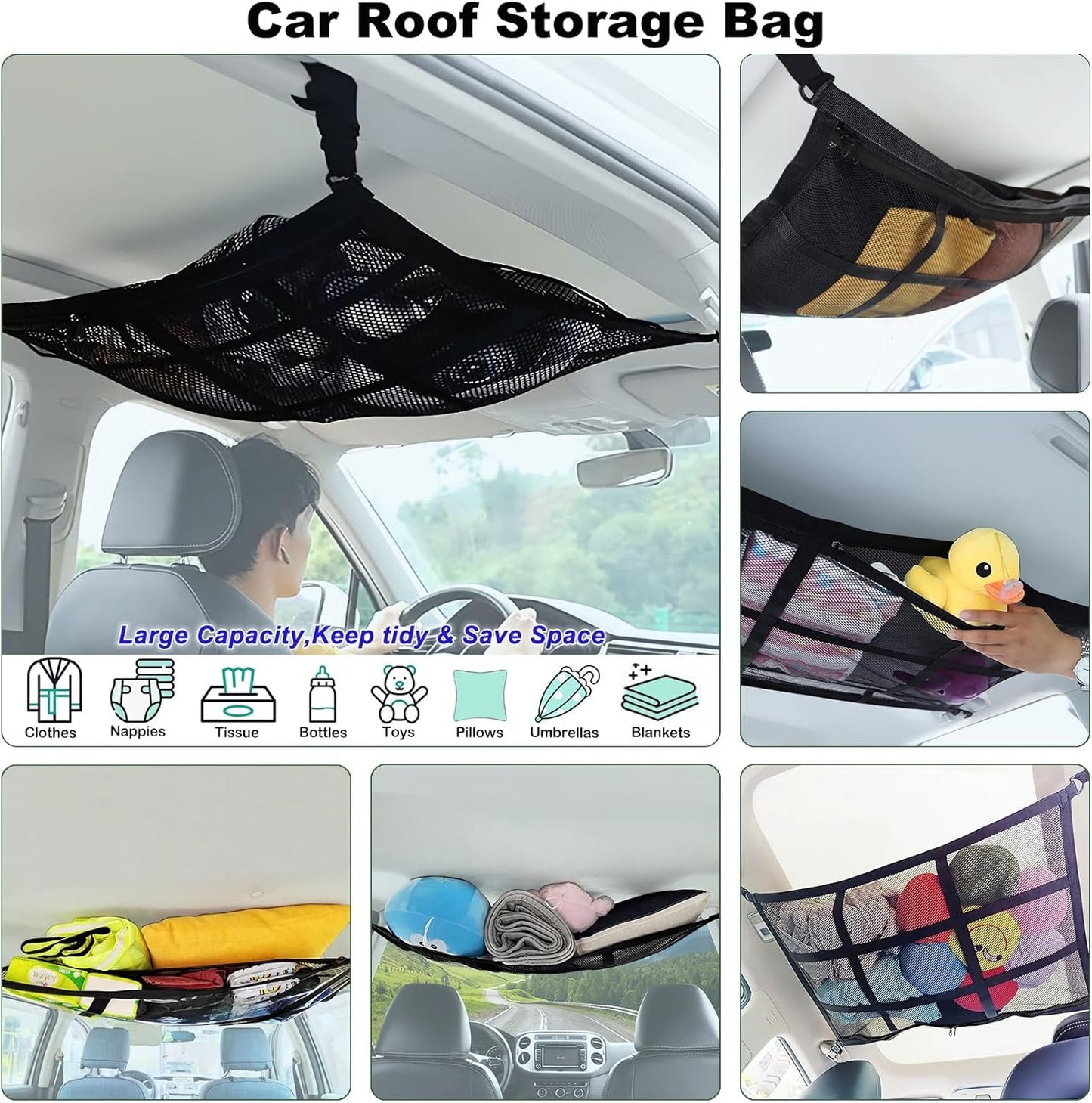 HOZOMT SUV Ceiling Cargo Net, Trunk Organizer, Car Roof Storage, Truck Netting, Van Interior Accessories, Double-Layer Mesh Camping Essentials