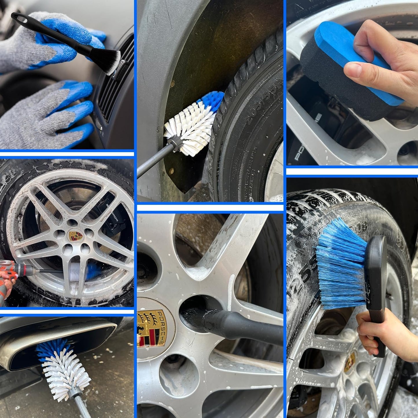 Wheel Brush Kit, Soft Drill Wheel Cleaner Brush, Tire Brush, Detailing Brush, and Detailing Pads, No Scratches Car Wheel Cleaning Kit for Wheels, Tires, Rims, Engines, Exhaust(Blue+White, 6 Pk)