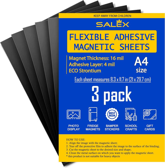 Magnetic Sheets A4 with Adhesive Backing for Crafts, DIY. 3 Strong Self Sticky Magnets 8.3" x 11.7" to Make Flexible Magnet Tapes, Strips, Squares, Sheet for School Classroom Board, Fridge, Photos