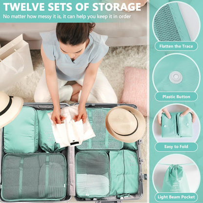 LPAOIS 12 Pieces Travel Suitcase Organizer Set, Travel Cube System, Separators Travel Pouches, Packing Cubes, Storage Case Set for Clothes, Shoes, Underwear (Blue)