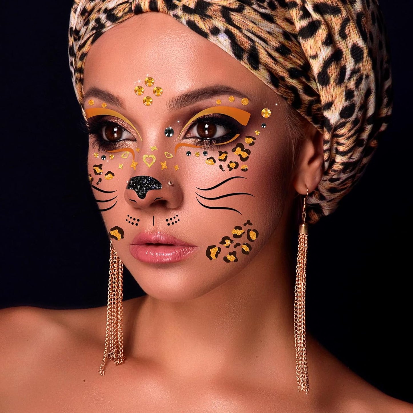 DPKOW Face Tattoos Leopard Costume Ladies Leopard Face Tattoo Halloween Leopard Temporary Tattoos Glitter Stones Face Make-up Leopard Cosplay Costumes Carnival Accessories