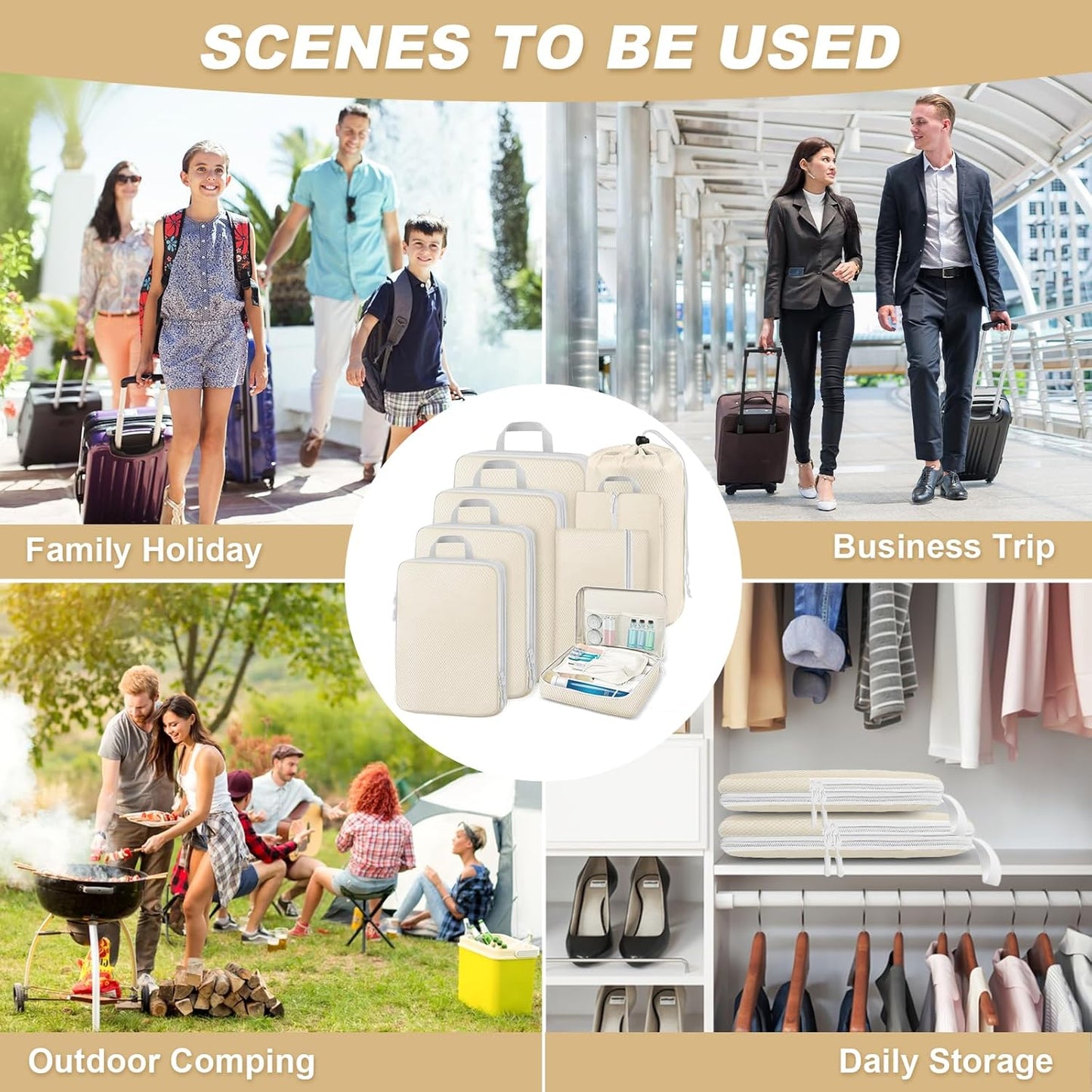 MUUKAIII Luggage Organizer, Set of 8 Compression Packing Cubes, Space-Saving Travel Organizer, Travel Suitcase Organizer, Backpack, Travel Organizer for Clothes Makeup, Beige