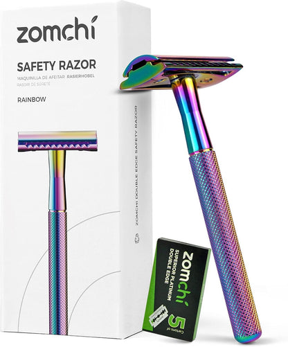 Zomchi Double Edge Safety Razor – Shaving Razor for Women and Men with 5 Blades – Plastic-Free Metal Safety Razor Blades – Superb Rainbow Effect Women Shaver – Reusable and Recyclable