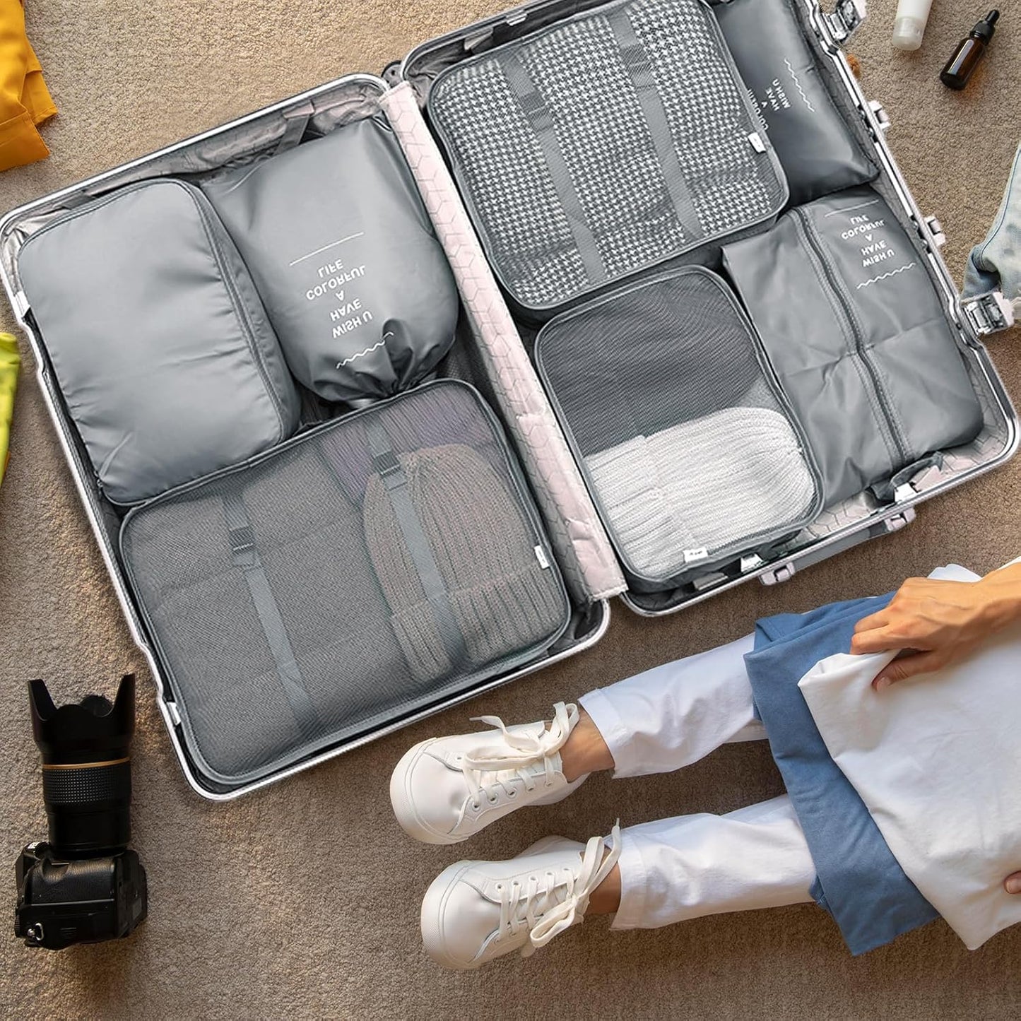 MOOING 12 Pieces Travel Suitcase Organizer Set, Travel Cube System, Separators for Travel, Travel Organizer, Packing Cubes, Storage Case Set for Clothes, Shoes, Underwear (Grey)