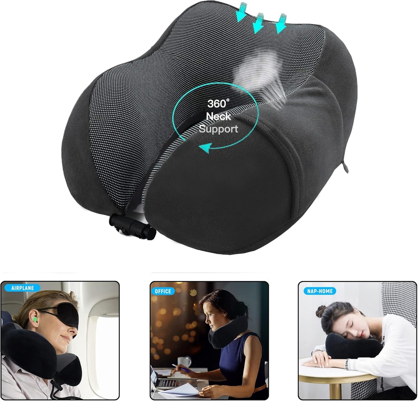FLRWDJL Travel Pillow Memory Foam Neck Pillow for Travel Head Support Includes 3D Eye Masks, Earplugs and Luxury Bag Adult Kids Travel Neck Portable Pillows for Airplane, Cars, Train