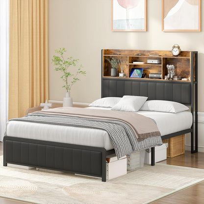 Ufurniture Queen Size Bed Frame with Storage Upholstered Headboard & USB Ports & LED Light,Industrial PU Leather Platform Bed with Metal Mattress Base Support, Rustic Black (Queen)