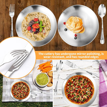 10-Pieces Outdoor Cutlery Set for Picnic, Portable Double Tableware Kit, Stainless Steel Silverware Set with Organizer Bag, Spoon Clip Serrated Knife Fork Plate Utensil Set for Travel Camping (Silver)