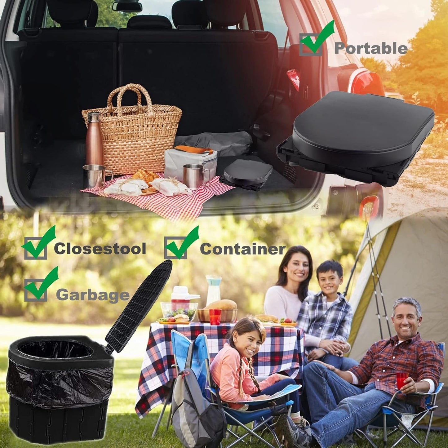 Portable Emergency Toilet for Outdoors& Indoors, SFSUMART Foldable Potty & Stool for Car Camping Travel Hiking Fishing Long Trips