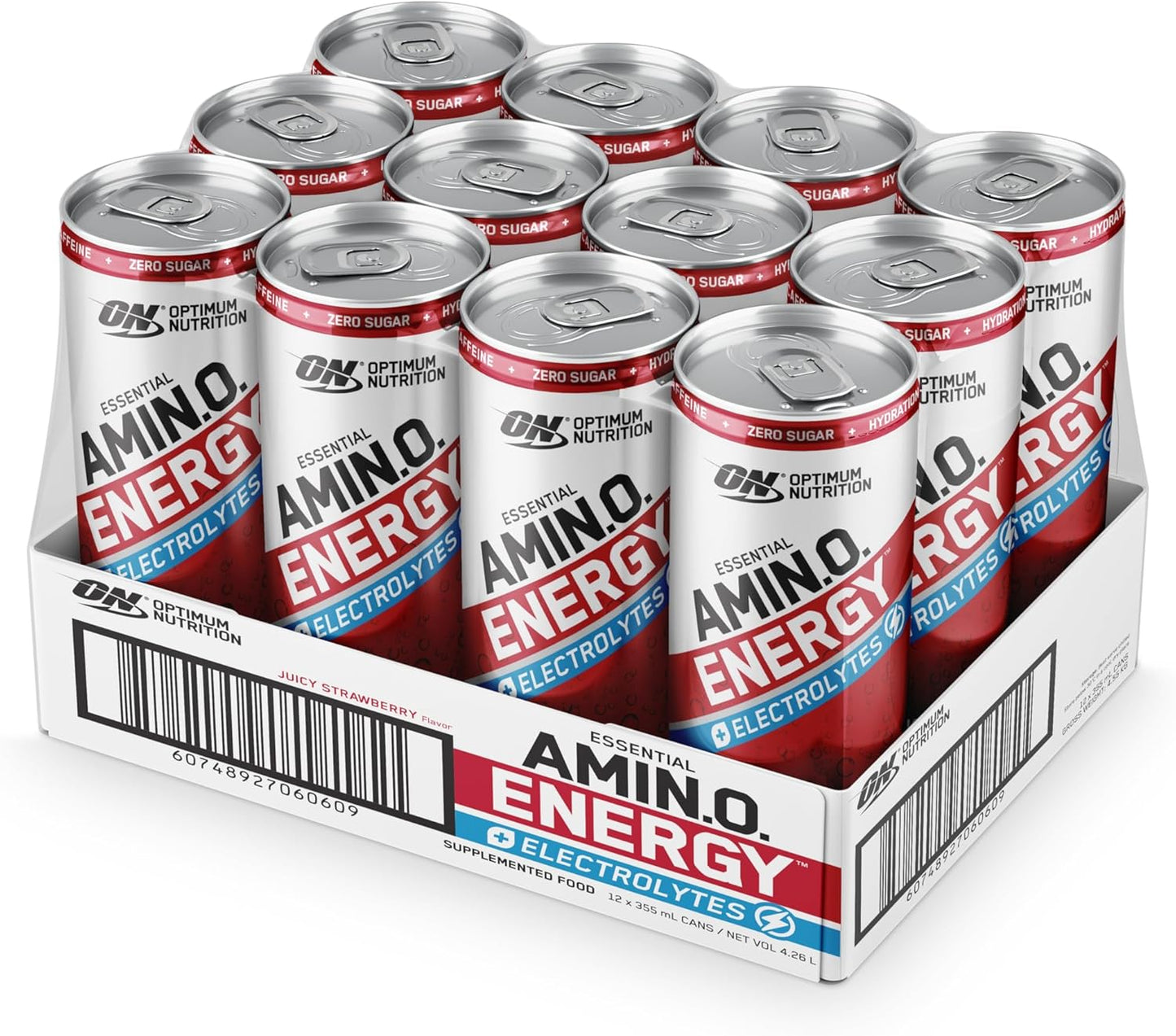 OPTIMUM NUTRITION Amino Energy + Electrolytes Sparkling Hydration Drink, Strawberry Flavour, 355ml, 12 Pack