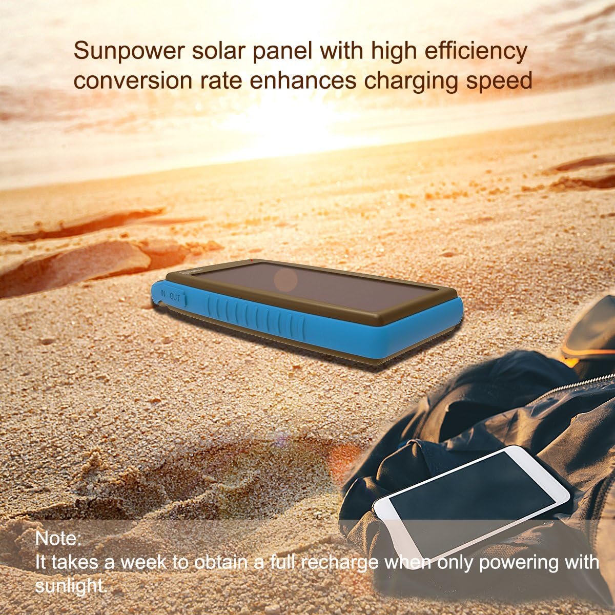 15000mAh Solar Battery Charger BigBlue Solar Charger with Dual USB-A Port, Portable Solar Power Bank with IPX4 Waterproof, Solar Panel Battery Pack with Flashlight for Camping or Hurricane(Light Blue)
