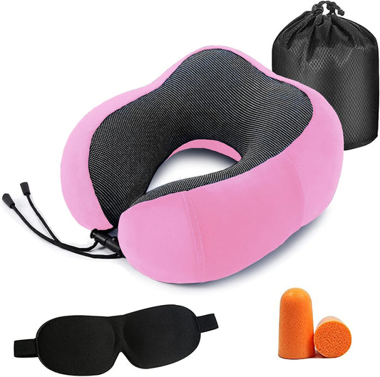 Bestek Memory Foam Travel Neck Pillow with 3D Eyemask and Earplugs, Neck Support Flight Pillow for Airplane Car Bus Train Travelling Camping