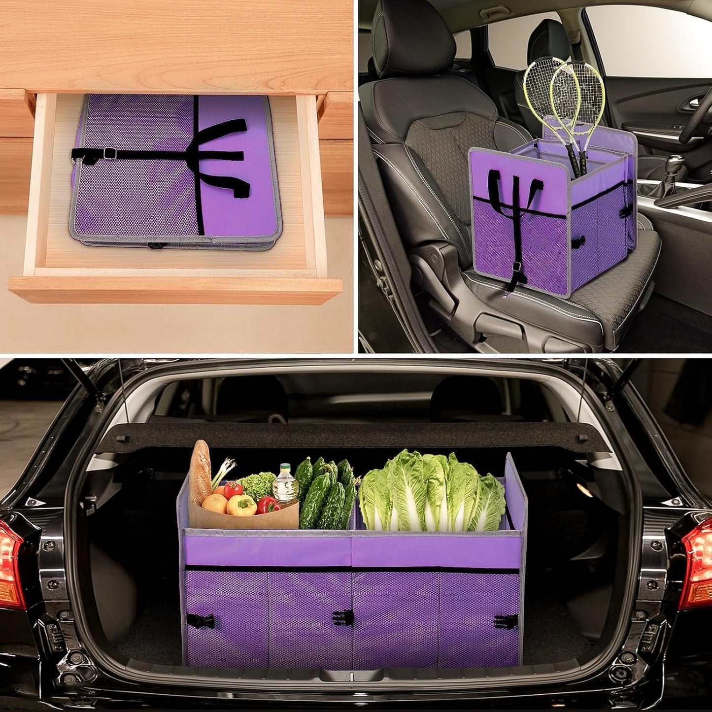 GPUSFAK Collapsible Trunk Organizer, 75L Large Capacity Portable Car Storage for SUV, Purple, 2 Compartments