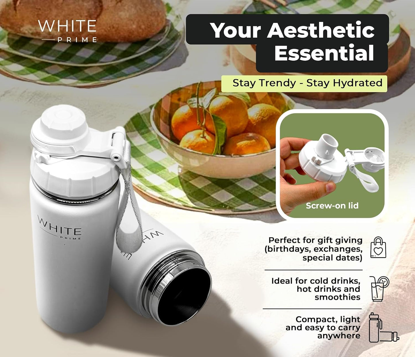 WHITE Prime | 18 oz Water Bottle | Wide Mouth | Drinkware Flasks