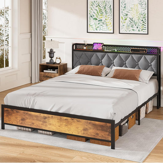 ADVWIN Queen Size Bed Frame, Storage Headboard with Led & Charging Station, Industrial Upholstered Platform Bed with Metal Mattress Base Support, No Box Spring Needed, Rustic Brown & Gray (Queen)