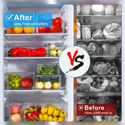 KUMD 10 Pack Fridge Organiser, Stackable Storage Containers with Lids, BPA-Free, Kitchen Storage & Organization, Clear Fridge Storage, for Food, Drinks, Vegetable