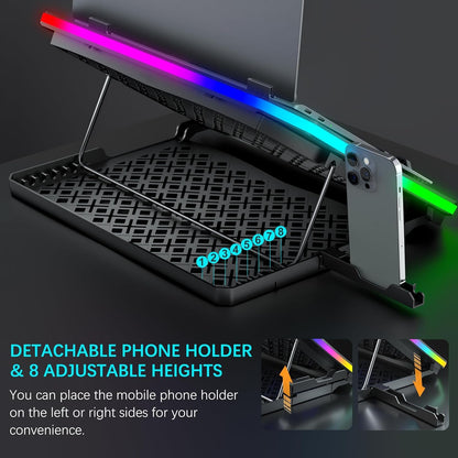 Laptop Cooling Pad RGB Gaming Notebook Cooler for Desk and Lap Use, MOOJAY Laptop Fan Stand 8 Adjustable Heights with 8 Quiet Fans and Phone Holder, for 15.6-17.3 Inch Laptops - Blue LED Light