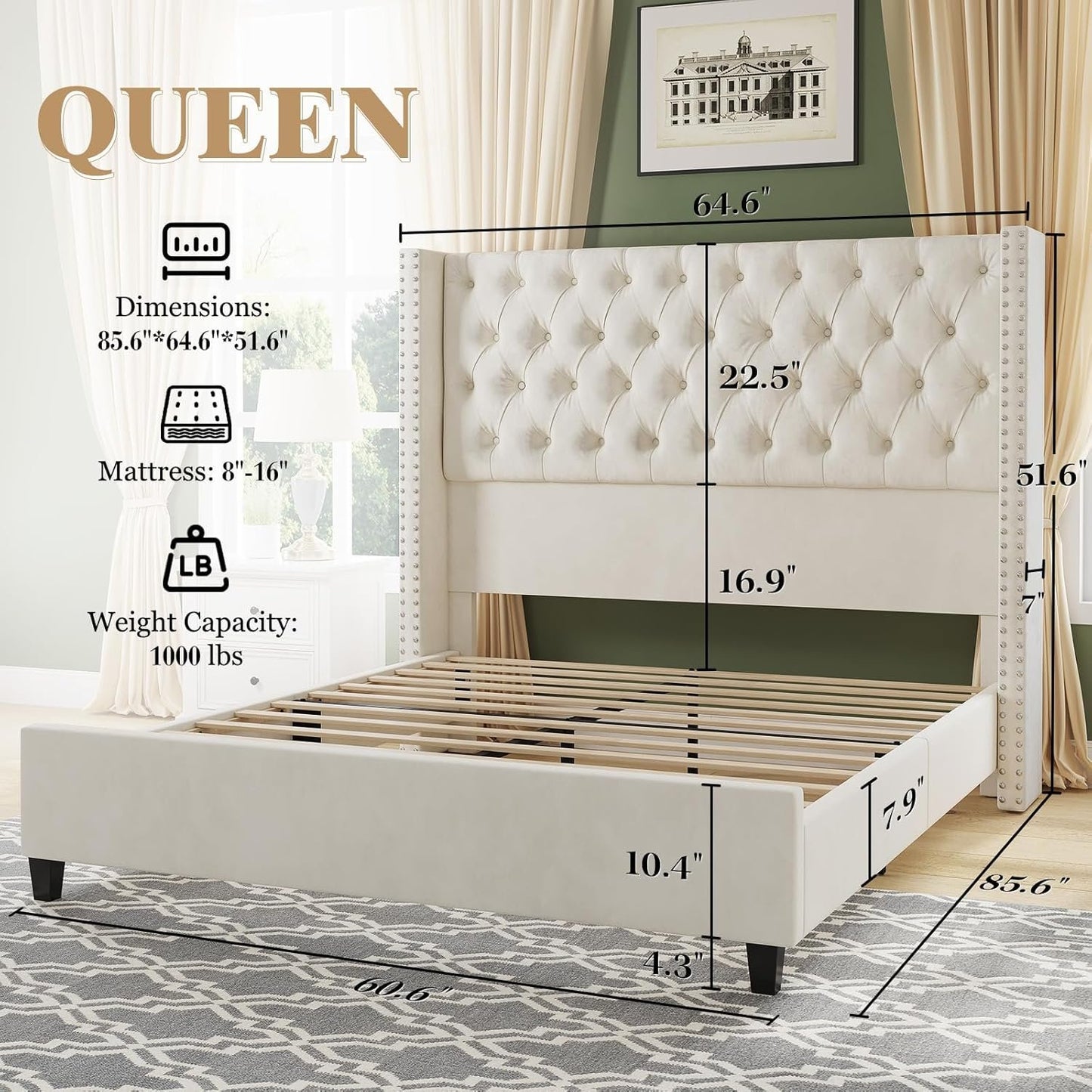Jocisland Upholstered Bed Frame with Tall Headboard Wingback Platform Bed Tufted Deep Button Velvet/No Box Spring Needed/Easy Assembly (Cream, Queen)