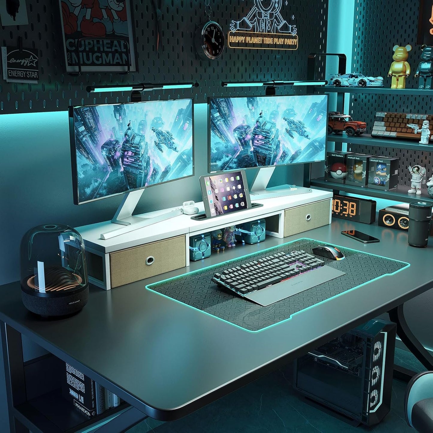 Mexin Dual Monitor Stand Riser with 2 Drawers, 39 Inch Extra Long Wood Desk Organizer, Desktop Riser for Laptop, Printer, Computer, TV, Perfect for Home Office, White