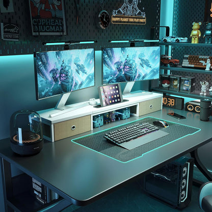 Mexin Dual Monitor Stand Riser with 2 Drawers, 39 Inch Extra Long Wood Desk Organizer, Desktop Riser for Laptop, Printer, Computer, TV, Perfect for Home Office, White