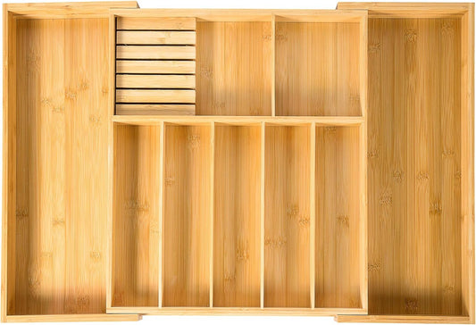 VaeFae Extra Large Bamboo Cutlery Drawer Organizer, Expandable Kitchen Utensil Organizer with Knife Block, Multifunctional Wooden Drawer Divider