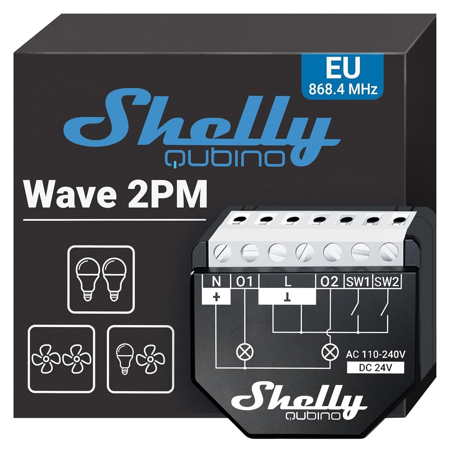 Shelly Qubino Wave 2PM | Z-Wave Smart Switch Relay, 2 Channel 16 A with Current Measurement | Home Automation | Z-Wave Gateway | Low Power Consumption | Repeater Extended Mains | High Compatibility