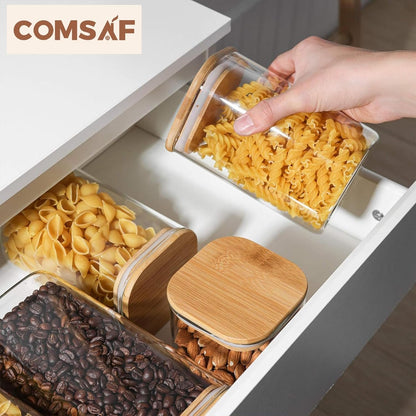 ComSaf Airtight Glass Storage Canister with Bamboo Lid (22oz/37oz/50oz) Set of 6, Clear Food Storage Container Kitchen Pantry Storage Jar for Flour Cereal Sugar Tea Coffee Beans Snacks, Square