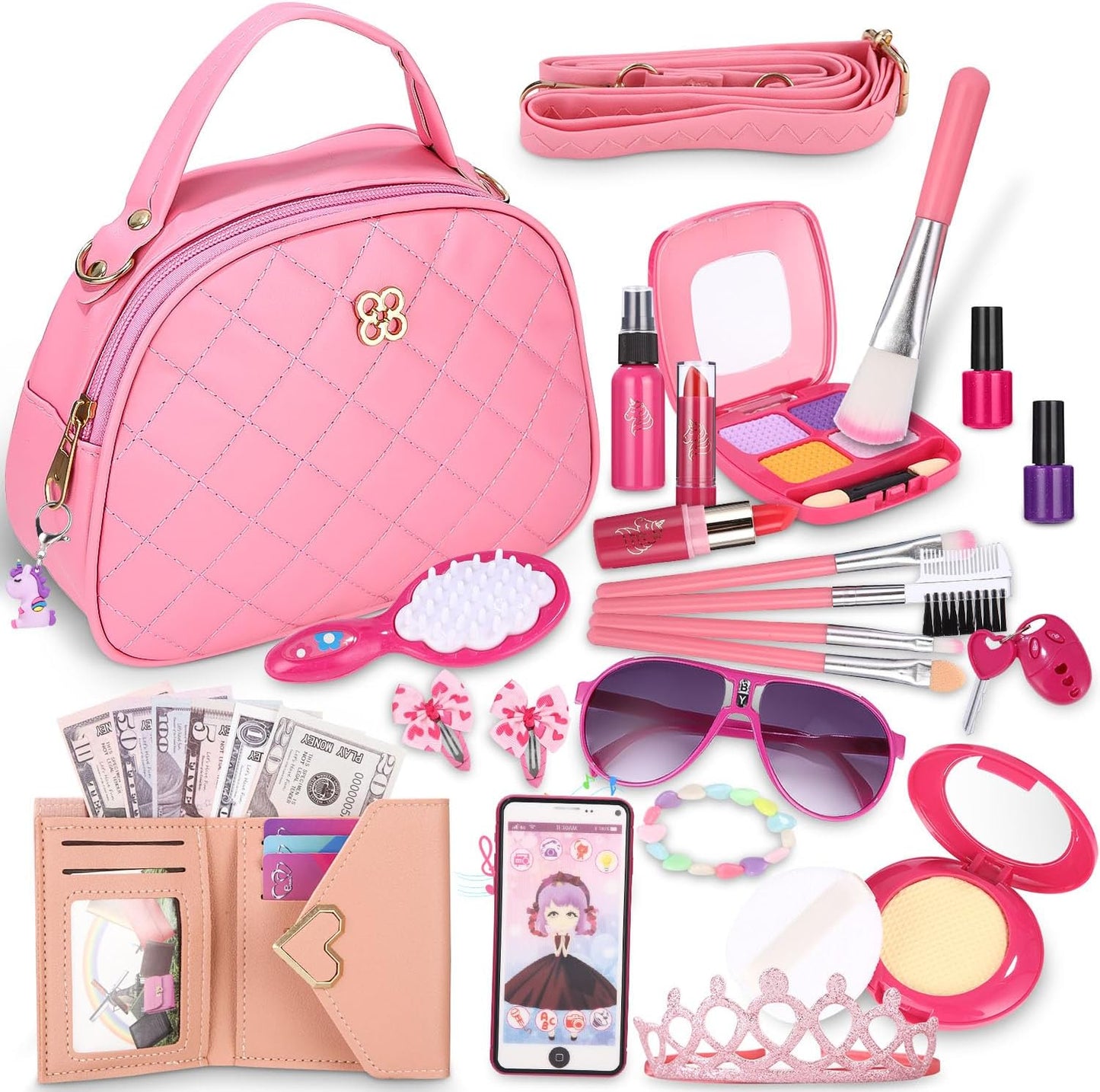 Zaxiva 32 Pieces Girl Bag Toy Accessories with Fake Makeup, Wallet, Phone with Light and Music – Christmas Gifts for Games 3 Years