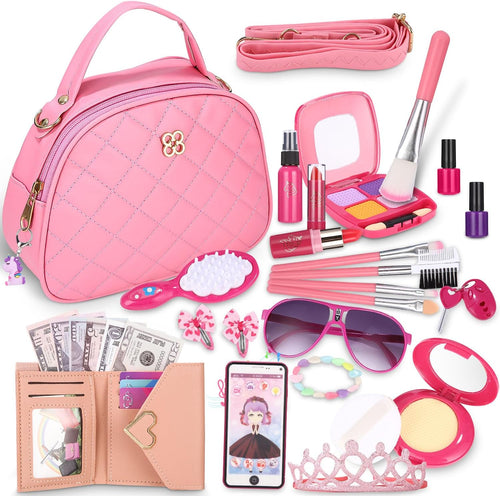 Zaxiva 32 Pieces Girl Bag Toy Accessories with Fake Makeup, Wallet, Phone with Light and Music – Christmas Gifts for Games 3 Years
