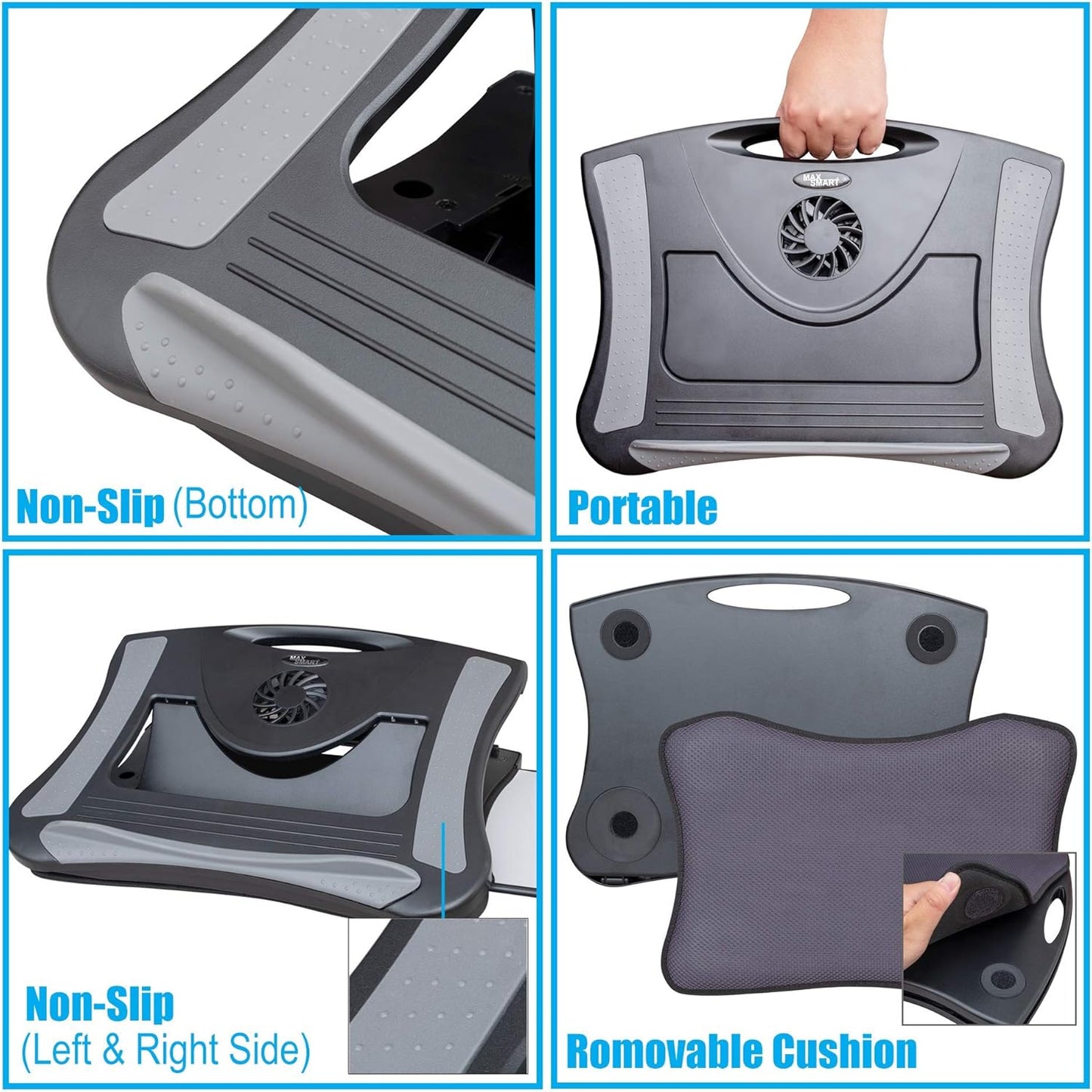 Gaming Laptop Desk Car Stand - Cushioned Cooling Pad Adjustable for Universal Couch Office Use w/ Right Left Mouse Tray and Fan