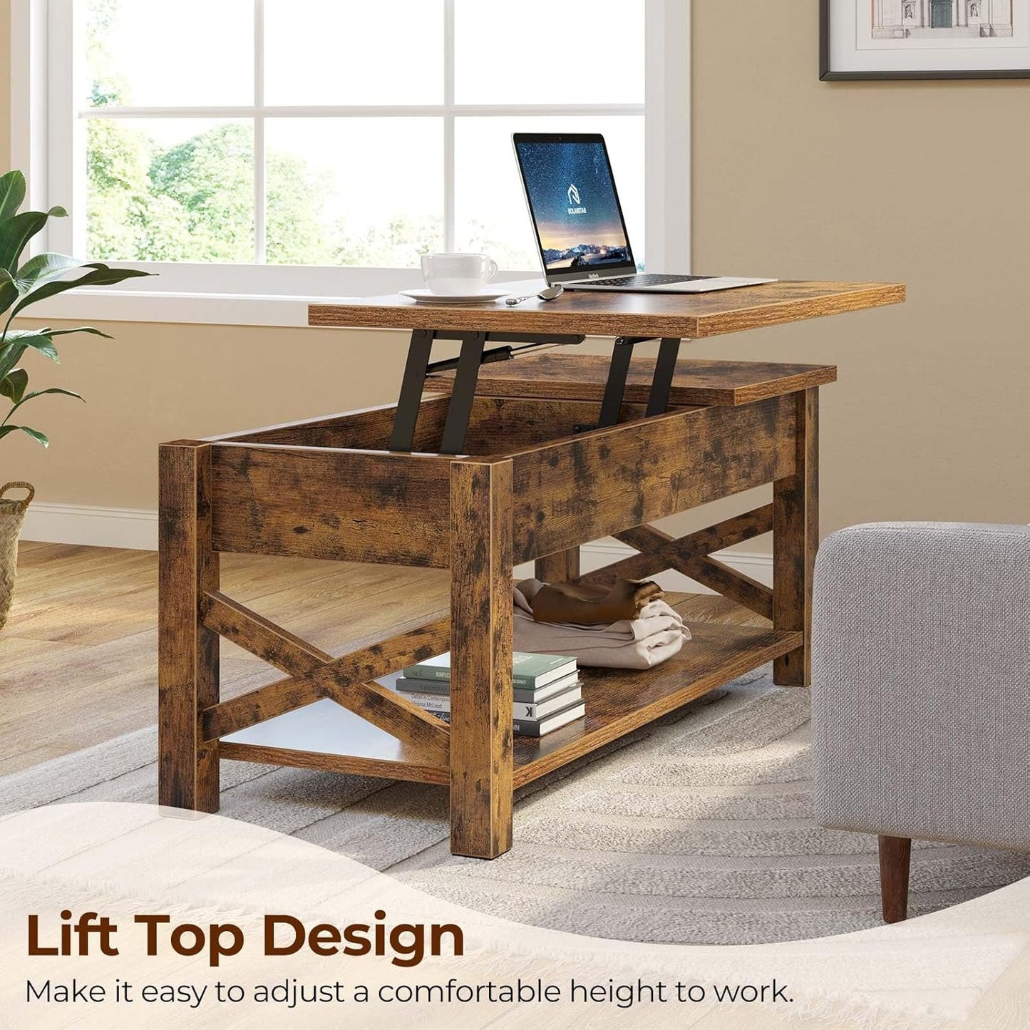 Rolanstar Coffee Table, 47.2" Lift Top Coffee Table with Hidden Compartment, 2 Way Lift Top Coffee Table with Open Shelf & X Wooded Support, Farmhouse Center Table for Living Room, Rustic Brown