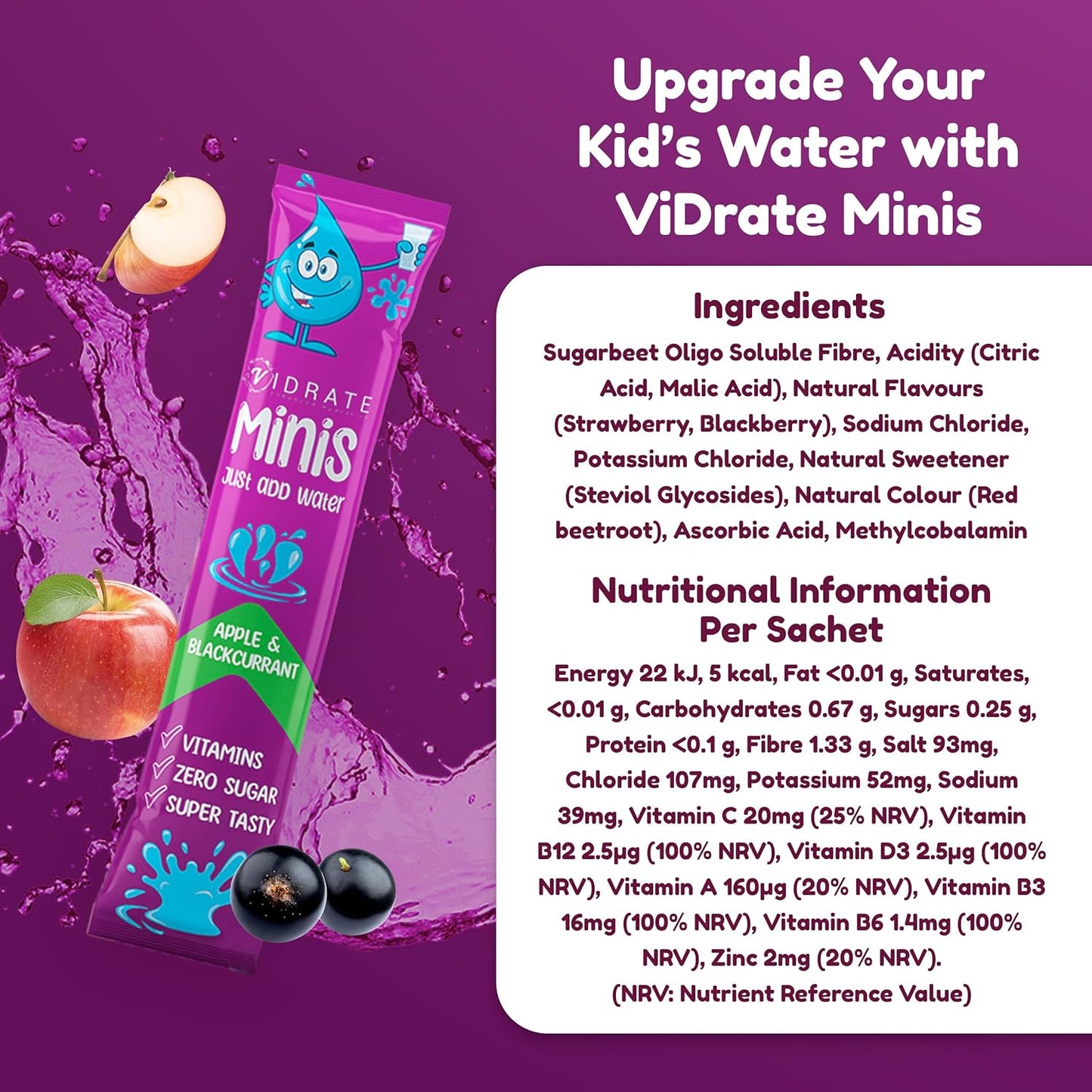 Vidrate Electrolyte Powder for Kids - Apple & Blackcurrant Flavoured Vitamin Water with Natural Ingredients & Zero Sugar - Hydration Drink for School & Sports - 20 Pack Minis Electrolyte Sachets