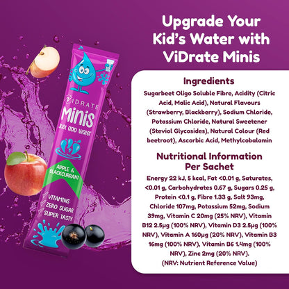 Vidrate Electrolyte Powder for Kids - Apple & Blackcurrant Flavoured Vitamin Water with Natural Ingredients & Zero Sugar - Hydration Drink for School & Sports - 20 Pack Minis Electrolyte Sachets