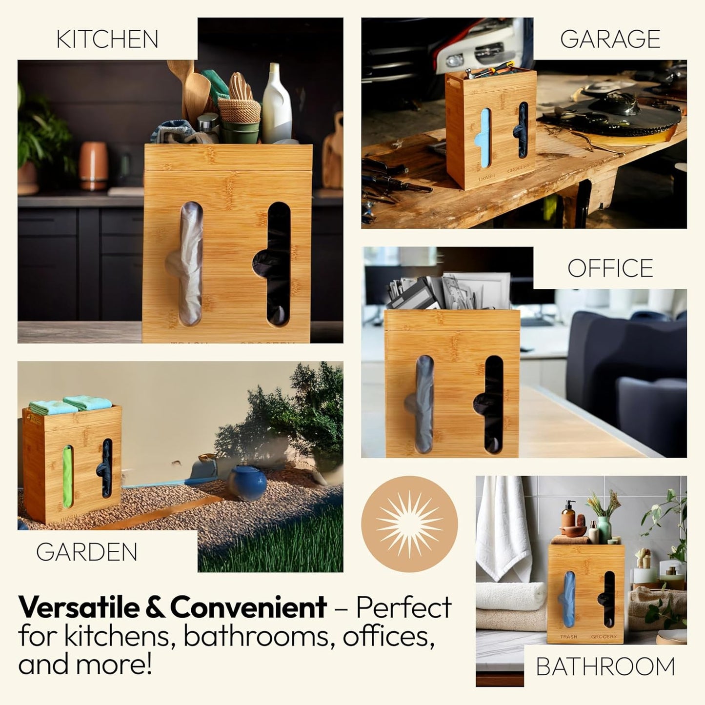 Plastic Bag Holder and Dispenser – Pantry Organizer for Kitchen Accessories - Under Sink Organizer and Storage for Kitchen Essentials - Bamboo Cabinet Dispenser and Trash Bag Holder